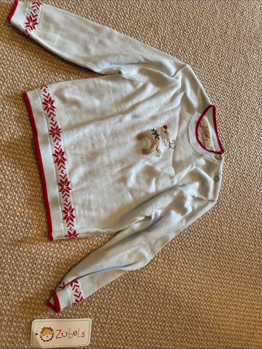 Zubels Cream Kids Holiday Sweater with Red Trim and Gingerbread Applique